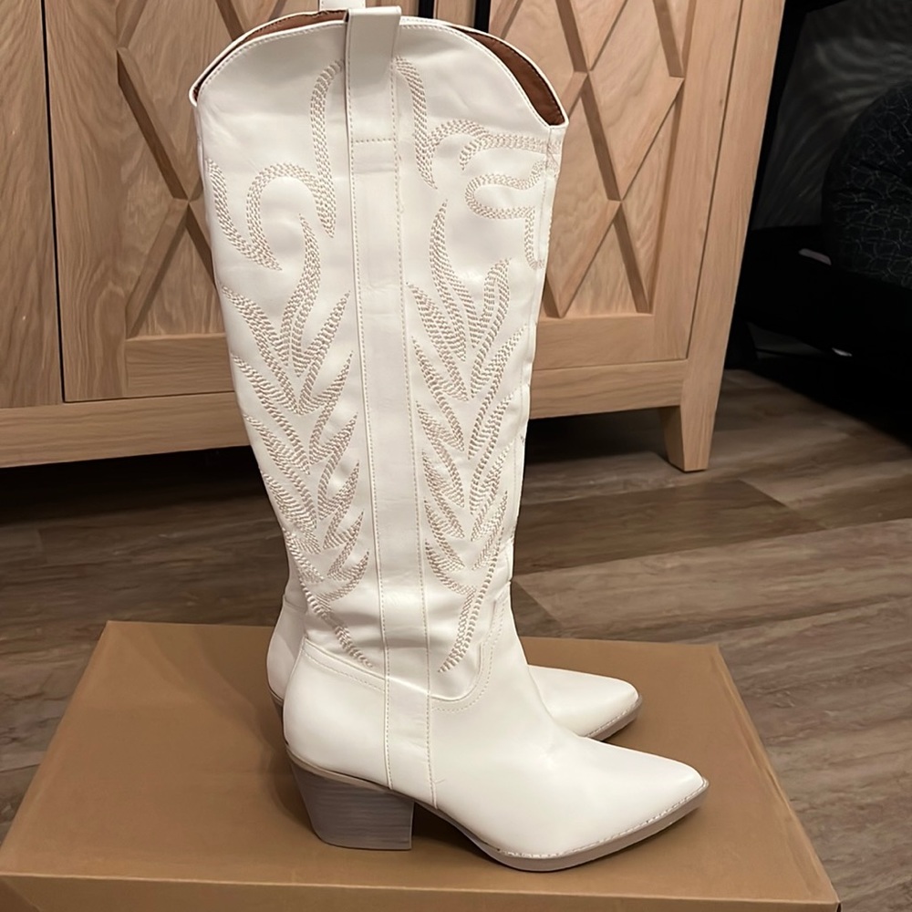 Knee high white boots